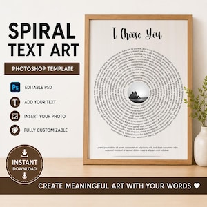 May include: A vertical wooden frame containing a white poster with the text I Choose You at the top. A circular block of text spirals around a central black and white photograph of two people sitting together. Lorem ipsum text appears below.