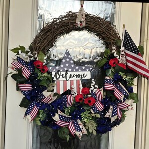 24 inch Grapevine Wreath for Summer, Patriotic, 4th of July, Memorial Day, Veterans Day, Military Members.