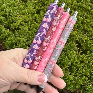 Pink bow pen, purple pen, rose gold pen, coquette cherry pen, resin pen, silver pen, papermate ink joy gel pen, teacher gift, birthday gifts