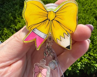 Pencil Bow Badge Reel with charm, Teacher Retractable ID Holder, Glitter Accent, teacher appreciation week