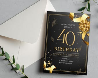 May include: A black and gold 40th birthday invitation with a matching envelope. The invitation features gold text and accents, including a large "40" and the words "Birthday" and "Jemma's". The date and location are also included.