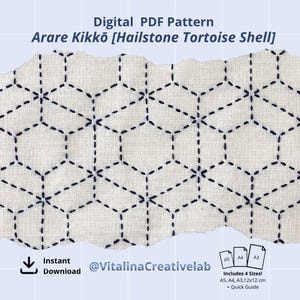 May include: A digital PDF pattern titled Arare Kikkō [Hailstone Tortoise Shell] featuring a beige fabric with a dark blue stitched geometric hexagon pattern. The image includes text, an instant download icon, and icons for A5, A4, A3, and 12x12 cm sizes.