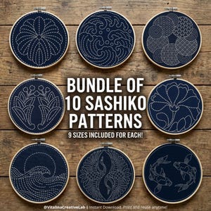 May include: A collection of eight circular embroidery hoops featuring dark blue fabric with white stitched Sashiko patterns, including waves, cranes, koi fish, and floral designs. The text reads BUNDLE OF 10 SASHIKO PATTERNS 9 SIZES INCLUDED FOR EACH!