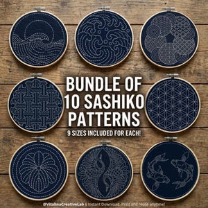 May include: A collection of eight circular embroidery hoops featuring dark blue fabric with white stitched Sashiko patterns including waves, geometric shapes, cranes, and koi fish. Text reads: BUNDLE OF 10 SASHIKO PATTERNS 9 SIZES INCLUDED FOR EACH!
