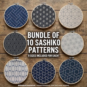May include: Eight circular embroidery hoops featuring various geometric Sashiko patterns in blue and white. The text reads: BUNDLE OF 10 SASHIKO PATTERNS 9 SIZES INCLUDED FOR EACH! VitalinaCreativeLab | Instant Download. Print and reuse anytime!