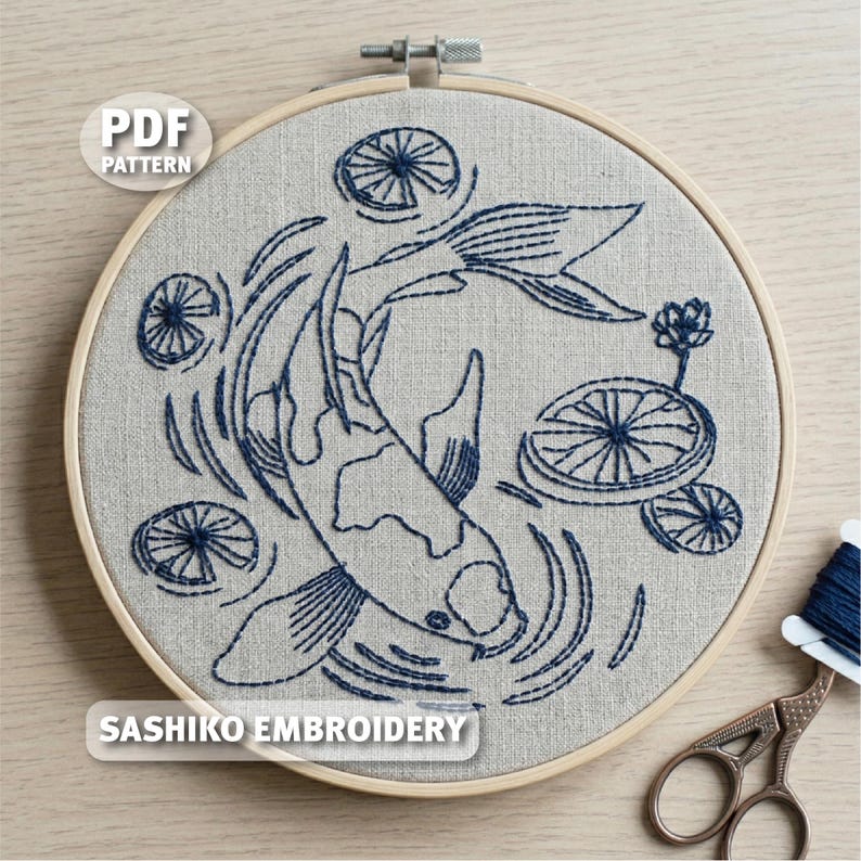 Sashiko Koi Fish Embroidery Pattern, Japanese Floral Design, Minimalist ...