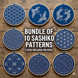 Motifs de broderie sashiko | Motifs géométriques et floraux japonais à télécharger au format PDF, 9 tailles incluses