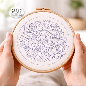 May include: A round embroidery hoop with a cream-colored fabric featuring a blue stitched design of stylized waves and sea creatures. The text "PDF PATTERN" is visible in the upper left corner. The hoop is held by hands.