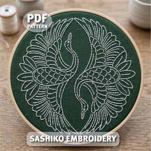 Japanese Crane Sashiko Embroidery Pattern: Japanese Quilted Fabric Design (PDF Download)