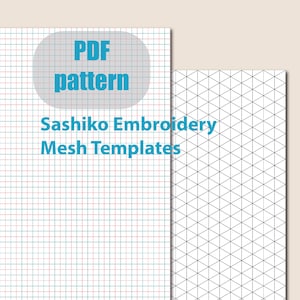 Puede incluir: Dos hojas de papel con patrones de cuadrícula. Una hoja tiene una cuadrícula azul y roja con el texto "PDF pattern" y "Sashiko Embroidery Mesh Templates". La otra hoja tiene una cuadrícula isométrica en blanco y negro.