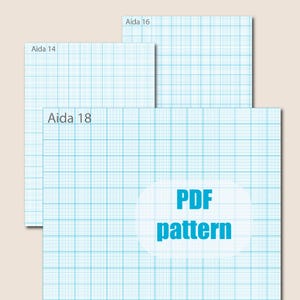 May include: Three sheets of Aida fabric with a grid pattern in shades of blue. The sheets are labeled "Aida 14", "Aida 16", and "Aida 18". A white oval with the words "PDF pattern" in blue is at the bottom.
