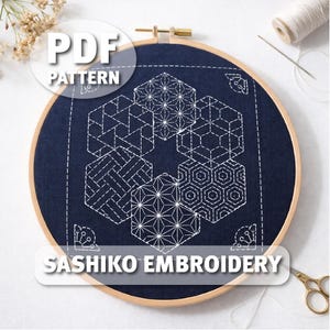 Sashiko Embroidery Pattern PDF – Geometric Japanese Design – 9 Hoop Sizes – Printable Modern Sashiko Template