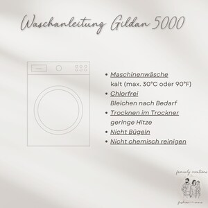 May include: Washing instructions for Gildan 5000 clothing. Machine wash cold, up to 30&deg;C or 90&deg;F. Do not use chlorine bleach. Tumble dry on a low heat. Do not iron. Do not dry clean.