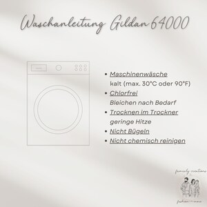 May include: Image with washing instructions for Gildan 64000 apparel. Includes a drawing of a washing machine and bullet points with care instructions: machine wash cold (max. 90&deg;F), no bleach, tumble dry low, do not iron, and do not dry clean.