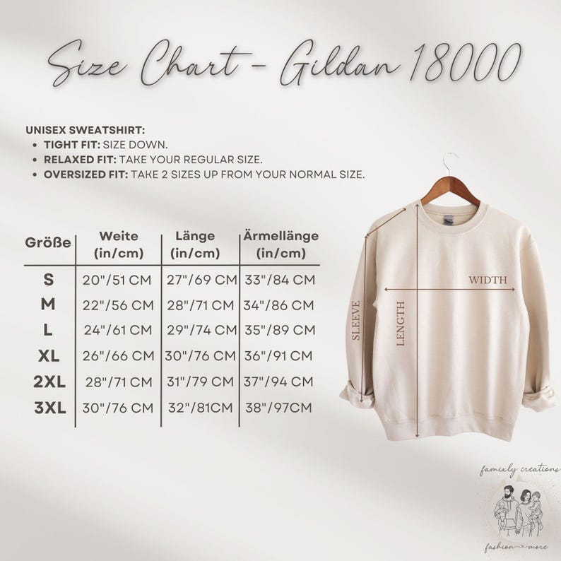 May include: A beige Gildan 18000 unisex sweatshirt displayed on a wooden hanger. The image includes a size chart with measurements in inches and centimeters for width, length, and sleeve length. Text on the image includes "Size Chart - Gildan 18000".