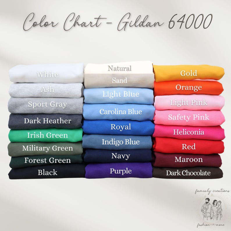 May include: Colour chart for Gildan 64000 t-shirts, displaying a range of colours including white, ash, sport grey, dark heather, Irish green, military green, forest green, black, natural sand, light blue, Carolina blue, royal, indigo blue, navy, purple, gold, orange, light pink, safety pink, heliconia, red, maroon, and dark chocolate.