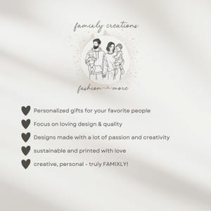 May include: A light beige graphic with the text "famixly creations" and "fashion more". The image features a family illustration and bullet points describing personalized gifts, design quality, passion, creativity, sustainability, and the FAMIXLY brand.