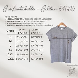 May include: A gray Gildan 64000 unisex t-shirt with a size chart. The chart lists sizes S to 3XL, with measurements in inches and centimeters for width and length. The text includes instructions for fit.