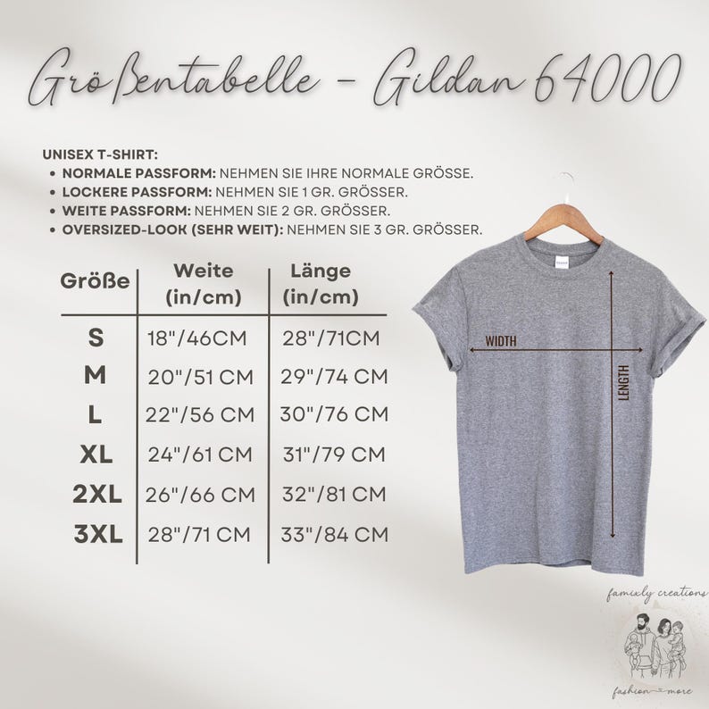 May include: Size chart for Gildan 64000 unisex t-shirts. The chart shows the width and length measurements in inches and centimetres for sizes S, M, L, XL, 2XL, and 3XL. The chart also includes instructions for choosing the correct size based on desired fit.