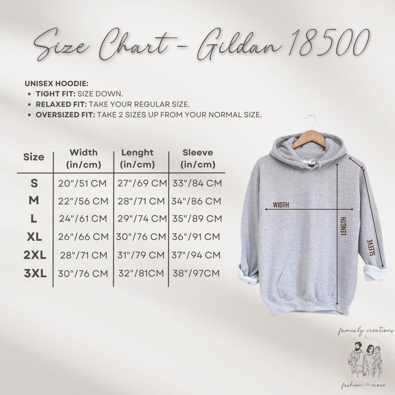 May include: A light gray Gildan 18500 unisex hoodie with a size chart. The chart provides measurements in inches and centimeters for width, length, and sleeve length, ranging from size S to 3XL. The hoodie is displayed on a hanger.