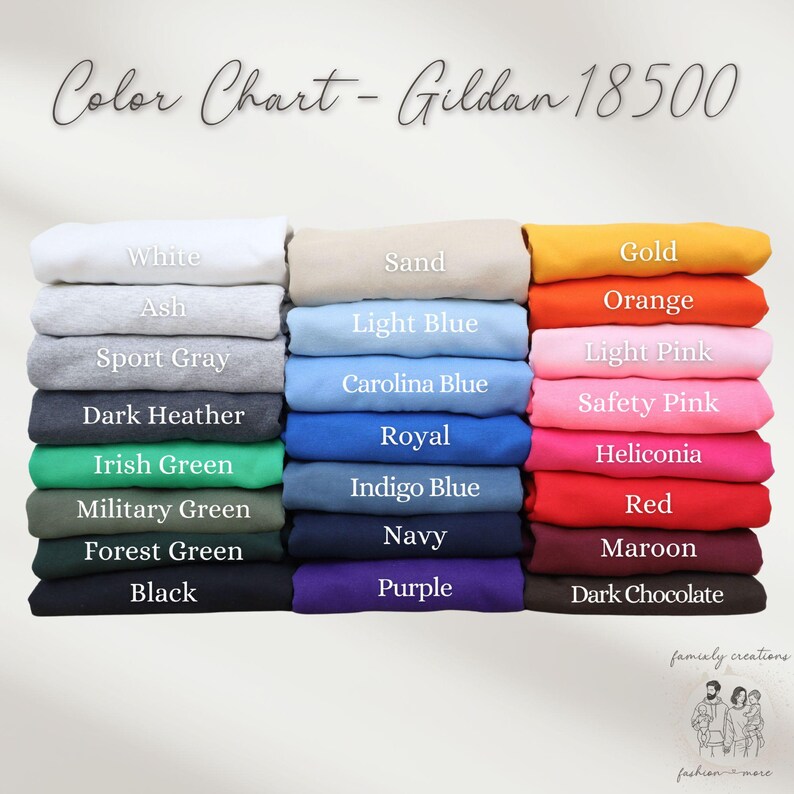 May include: A color chart for Gildan 18500 apparel, featuring a variety of colors including white, black, navy, and purple. The chart displays folded fabric samples, with the text "Color Chart - Gildan 18500" at the top.