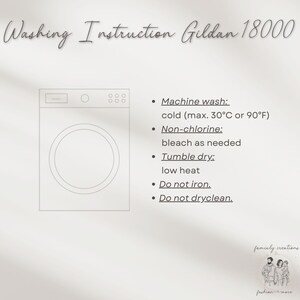 May include: A white graphic with washing instructions for Gildan 18000 apparel. The instructions include machine wash cold (max. 90&deg;F), non-chlorine bleach as needed, tumble dry low heat, do not iron, and do not dry clean.