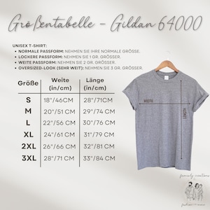 May include: Size chart for Gildan 64000 unisex t-shirts. The chart shows the width and length measurements in inches and centimeters for sizes S, M, L, XL, 2XL, and 3XL. The chart also includes instructions for choosing the correct size based on desired fit.