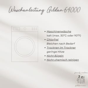 May include: A black and white illustration of a washing machine with instructions for washing Gildan 64000 clothing. The instructions include washing in cold water, using chlorine-free detergent, bleaching as needed, drying in a dryer on low heat, and not ironing or dry cleaning.