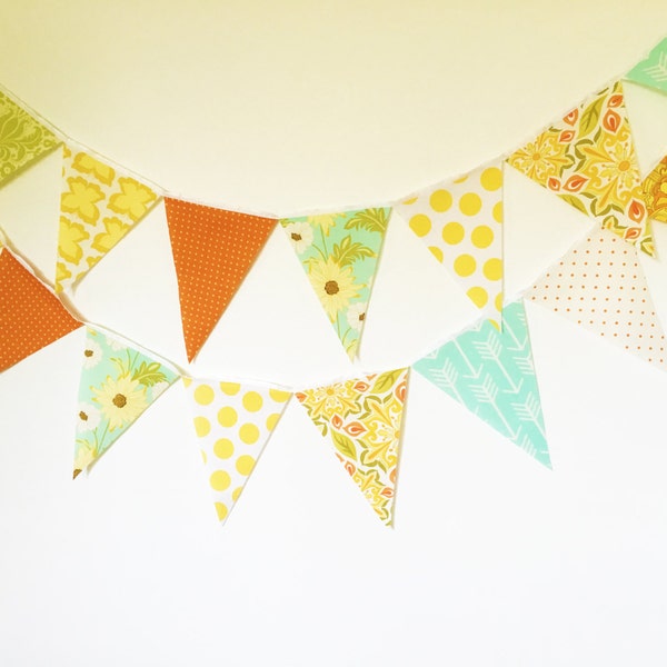 Vintage 70's Style Camper Bunting Banner, Fabric Garland, Orange, Yellow, Mint, Green, Arrows, Floral, Polka Dots, Wedding, Birthday Party