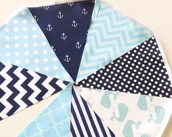Nautical Baby Shower Banner, Bunting, Fabric Pennant Flags Navy, Light Blue, Whale, Anchor Birthday Party Garland Wedding Decor, Baby Shower