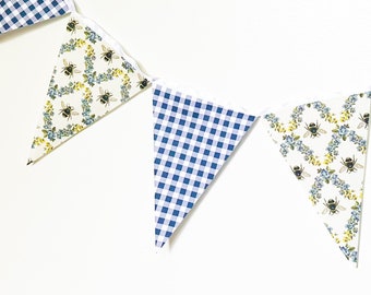 Bee Picnic Gingham Banner, Bunting, Fabric Pennant Floral Garland Flags, Farmhouse Picnic Party, Wedding, Birthday, Bumble Bee Decor