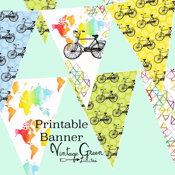 Printable Bike Bunting, Map Banner, Birthday Party Garland, Missionary Banner, Nursery Decor, Photo Shoot, Farewell, Welcome Home Garland