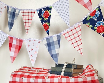 Picnic Gingham Banner, Bunting, Fabric Pennant Floral Garland Flags, Vintage Style Cherry Picnic Party, Wedding, Birthday, Patriotic Decor