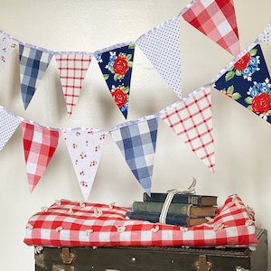 Picnic Gingham Banner, Bunting, Fabric Pennant Floral Garland Flags, Vintage Style Cherry Picnic Party, Wedding, Birthday, Patriotic Decor image 1