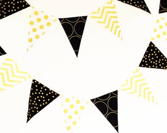 Fabric Banner Bunting, Metallic Gold and Black, Pennant Flags, Glitter Gold Birthday Party Banner, Photo Prop, Bridal Decor, Wedding Fags