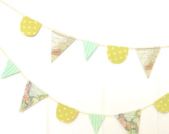 map banner farmhouse bunting vintage world map fabric scallop triangle pennant flags