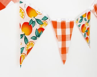 Orange Gingham Party Banner, Bunting, Pennant Flags, Oranges, Baby Girl Shower, Nursery Decor, Birthday Party, Summer BBQ