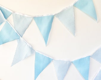 Baby Blue Gingham and Solid Fabric Party Banner Bunting Pennant Flags, Vintage Wedding Decorations, Baby Boy Shower, Nursery Decor, Birthday