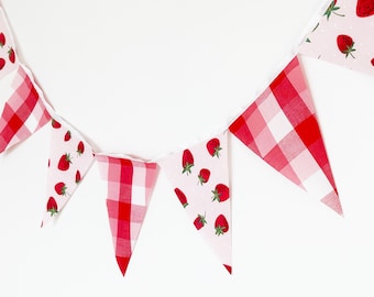 Strawberry Gingham Party Banner, Bunting, Pennant Flags, Strawberries, Baby Girl Shower, Nursery Decor, Birthday Party, Summer BBQ