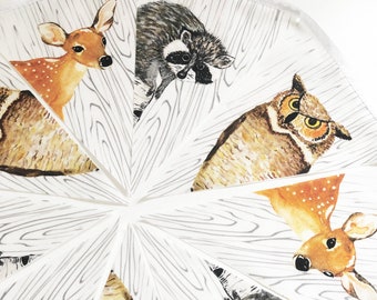 Woodland Animal Banner, Fabric Garland Flags, Watercolor Decor Art, Deer, Owl, Raccoon,  Farmhouse Decor, Nursery Decor, Birthday Party
