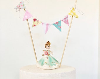 Shabby Chic Cake Banner Topper, Mini Cake Bunting, Fabric Pennant Flags, Girl Birthday Party, Baby Shower Banner Cake, Smash Cake Photo Prop