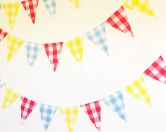 Gingham Bunting, Banner, Fabric Garland Flags, Yellow, Red, Blue, Birthday Party, Wedding Decor, Baby Nursery, Gingham Party, Gingham Banner