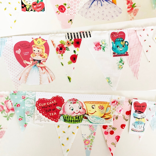 Valentine Bunting Banner, Valentines Day Decor, Shabby Chic Vintage Valentine Party Decor, Bridal Shower, Garland, Home Decor, Antique Roses