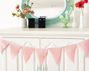 Blush Pink Garland Flag Bunting Fabric Banner, Solid Cloth Pennants, Wedding Photo Prop, Baby Nursery Decor, Birthday Party, Bridal Party