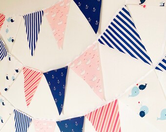 Nautical Banner, Pink, Light Blue, Navy Bunting, Fabric Pennant Flags, Whale, Anchor, Stripes Baby Shower Decor, Birthday Party Home Decor