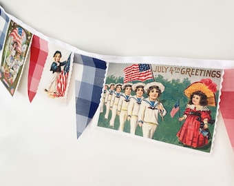 Vintage 4th of July Picnic Gingham Banner, Bunting, Fabric Pennant Garland Flags, Antique Style Images, Patriotic Decor Red White Blue Party