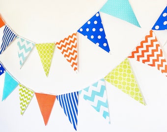 Banner, Bunting, Fabric Pennant Flags, Orange, Lime, Aqua, Royal Blue, Chevron, Polka Dot, Baby Boy Nursery Decor, Wedding, Birthday Garland