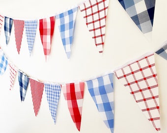 Picnic Gingham Banner, Bunting, Red, White and Blue Fabric Pennant Garland Flags, Vintage Style Picnic Party, Wedding, Birthday, 4th of July