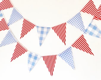 Blue Gingham Red Stripe Party Banner, Bunting, Pennant Flags, Wedding, Baby Boy Shower, Nursery Decor, Birthday Party Flags Garland