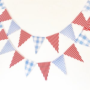 Blue Gingham Red Stripe Party Banner, Bunting, Pennant Flags, Wedding, Baby Boy Shower, Nursery Decor, Birthday Party Flags Garland image 1